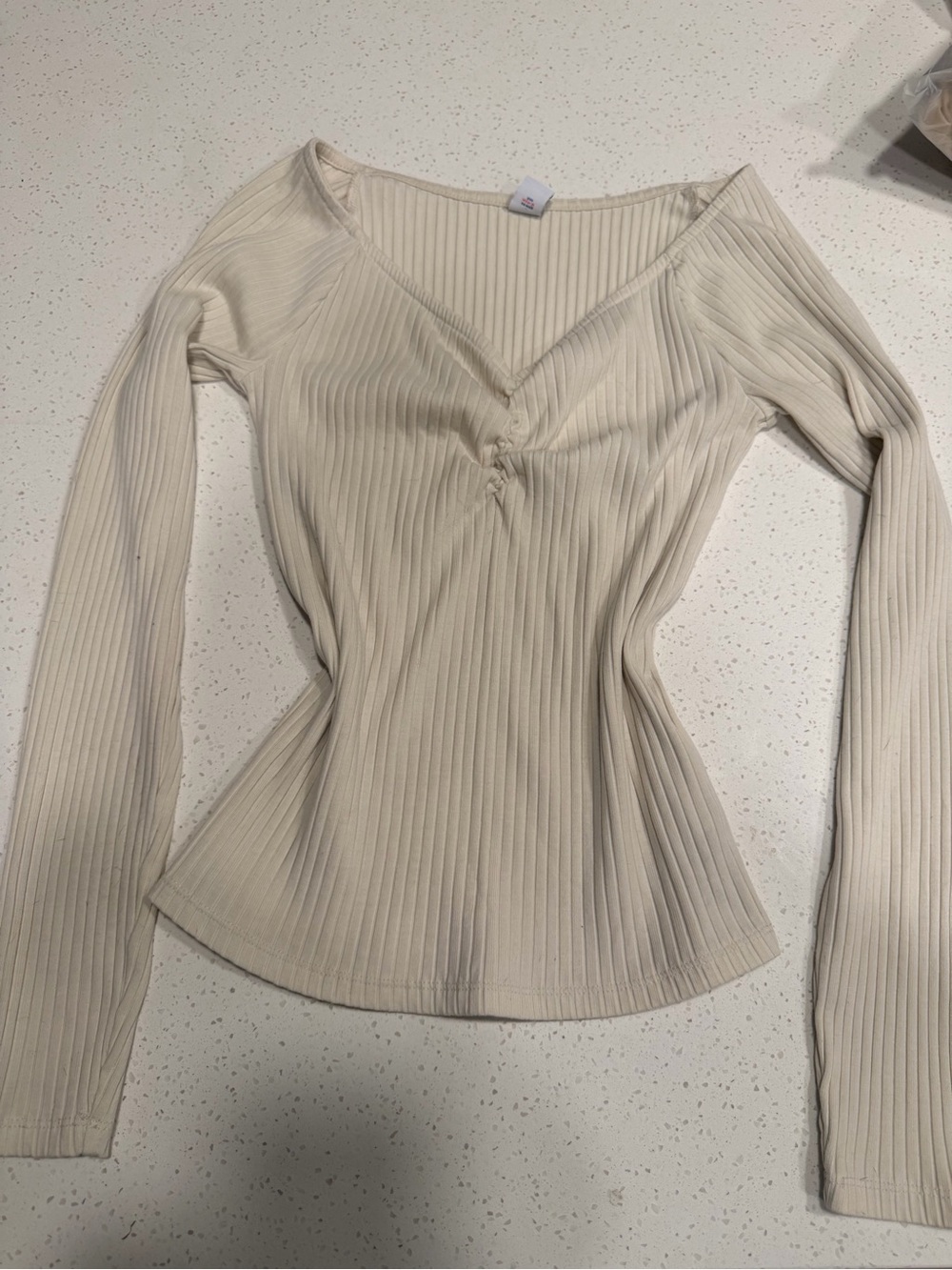 Ribbed V-Neck Long Sleeve Top - Cream